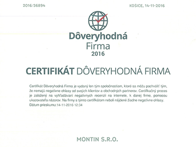 Certifikát Dôveryhodná firma 2016