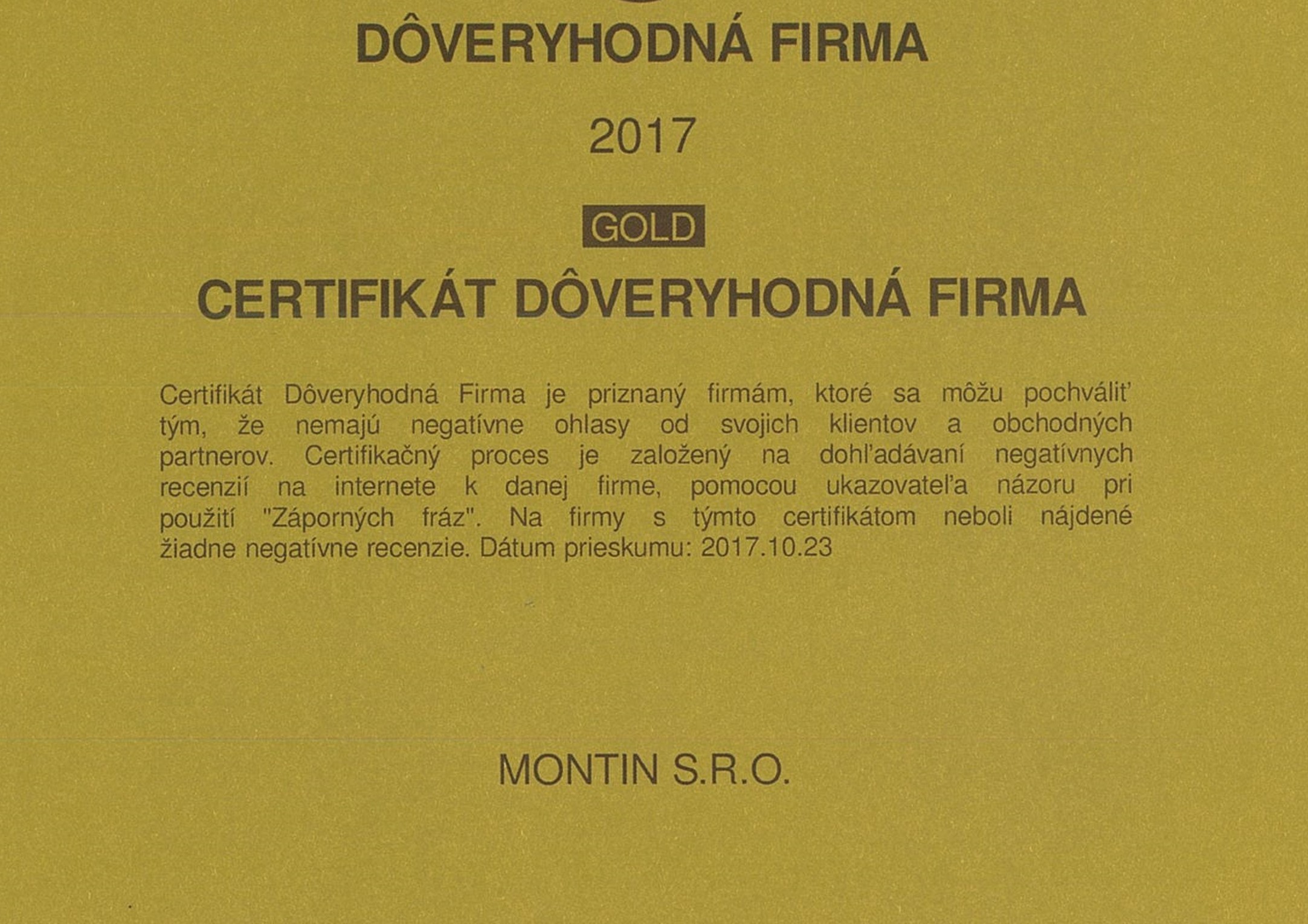 Certifikát Dôveryhodná firma 2017