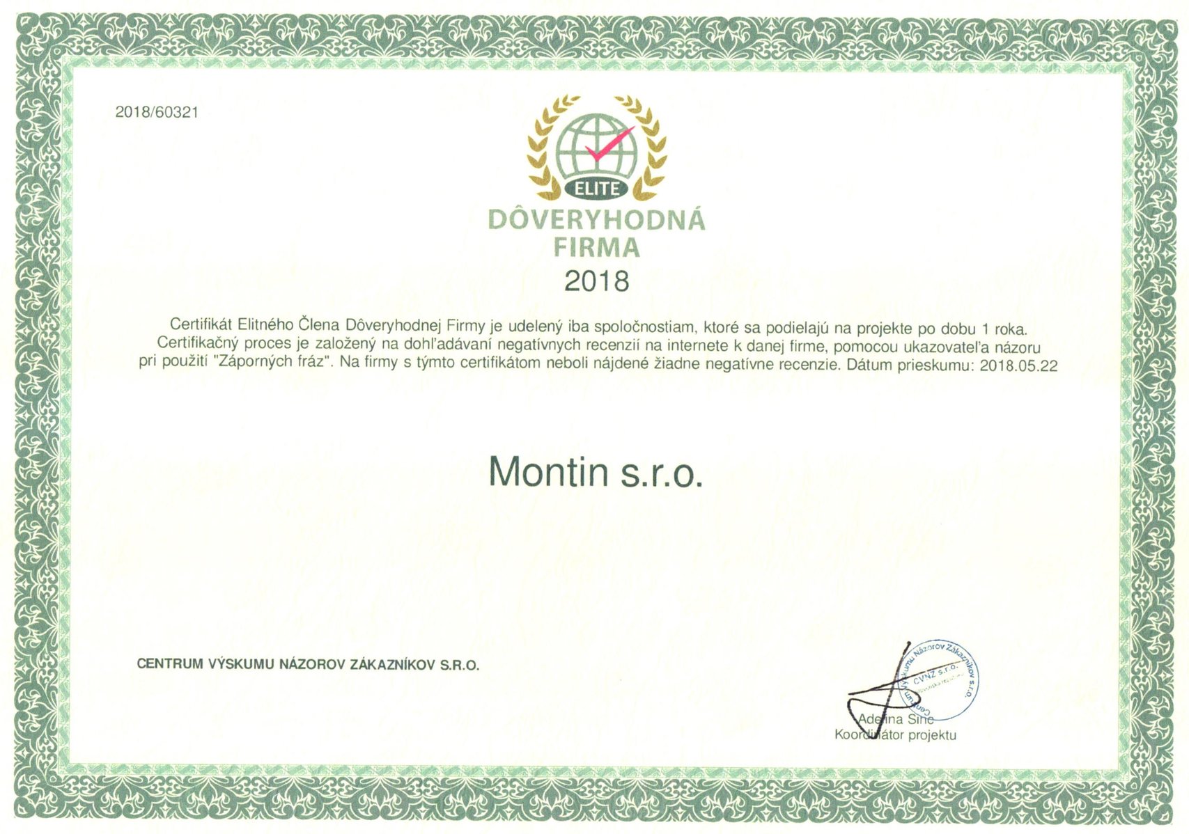 Certifikát Elitného Člena Dôveryhodnej Firmy 2018