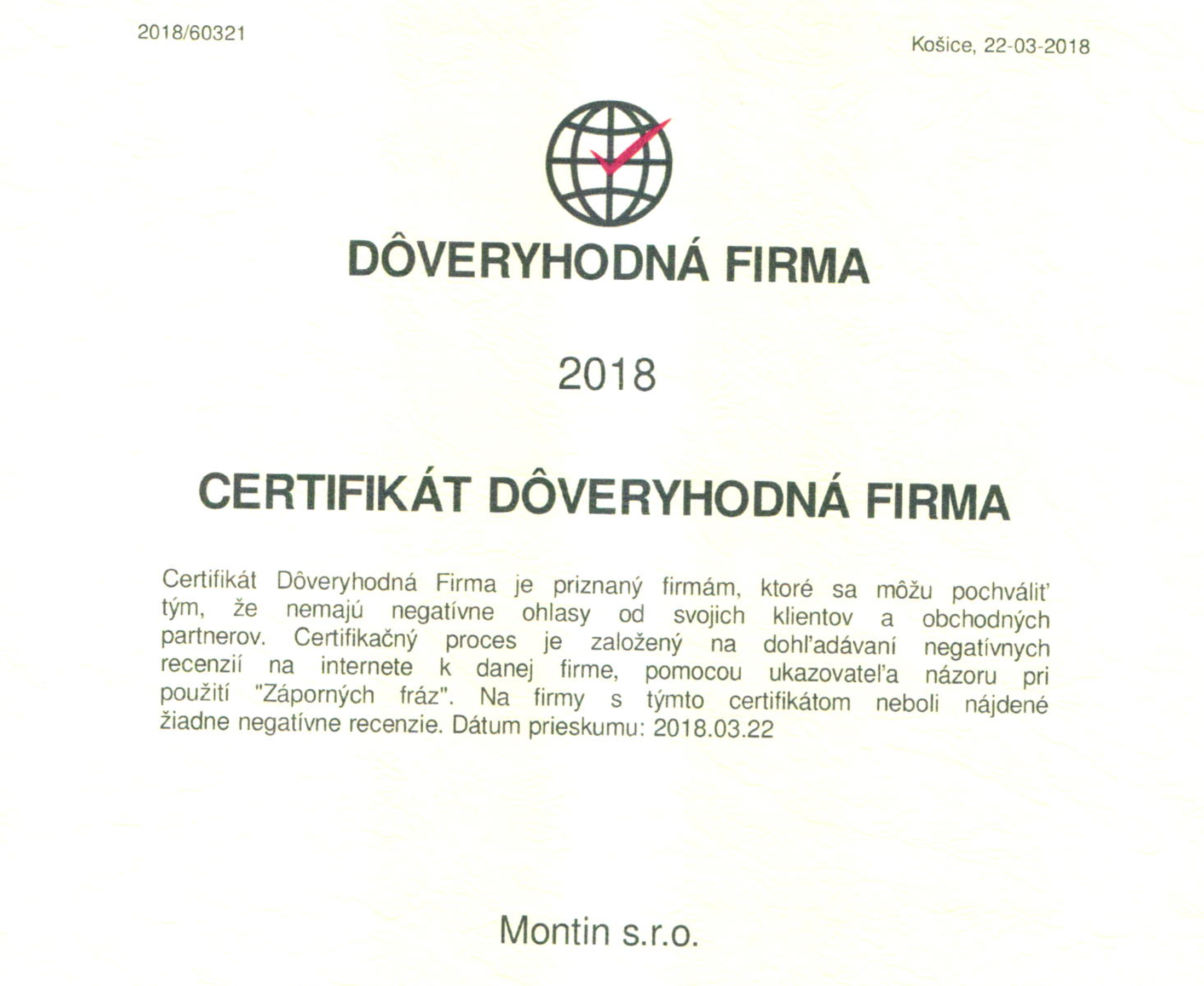 Certifikát Dôveryhodná firma 2018